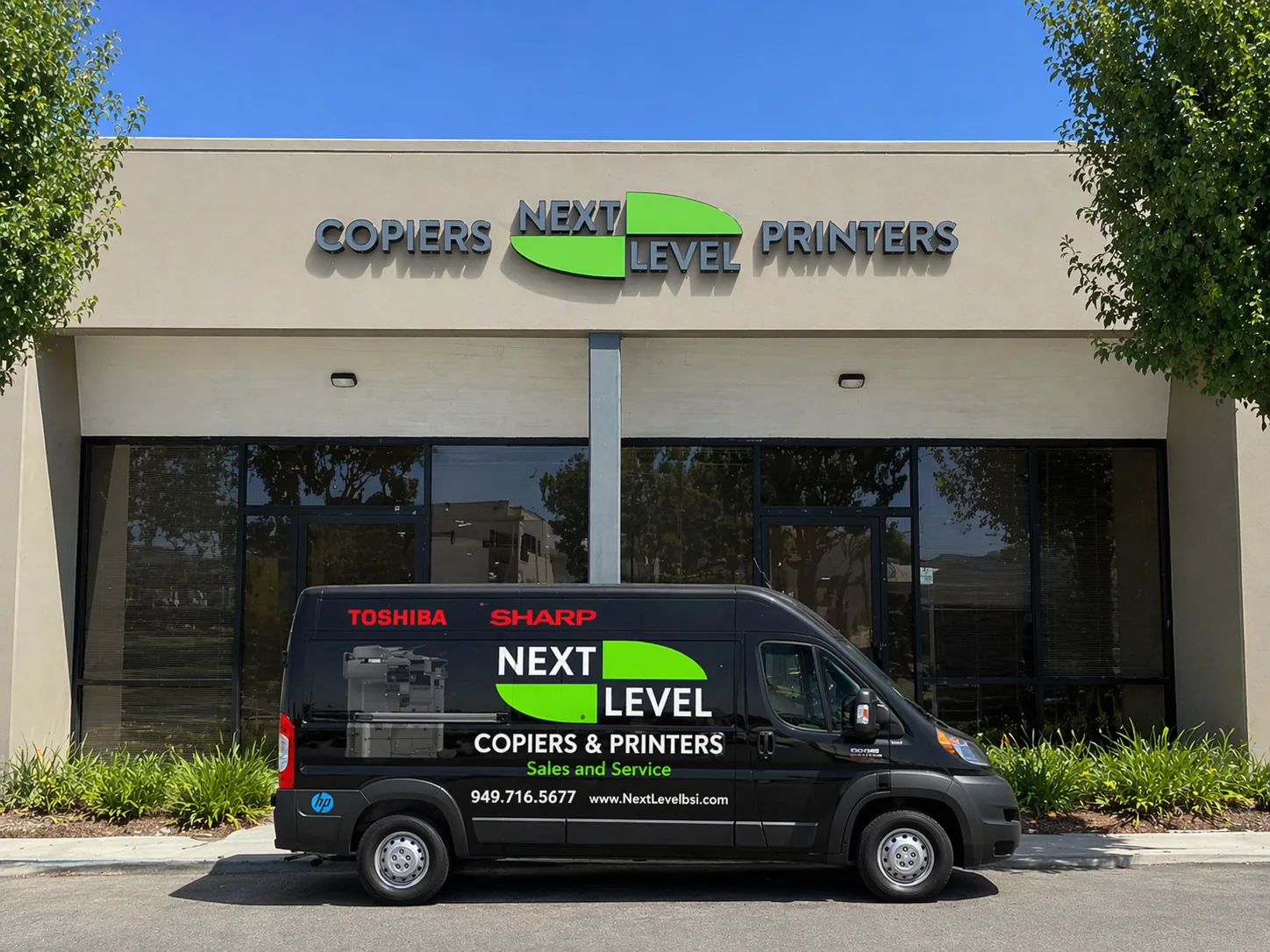 Next Level Copiers and Printers storefront in Irvine with the branded service van out front